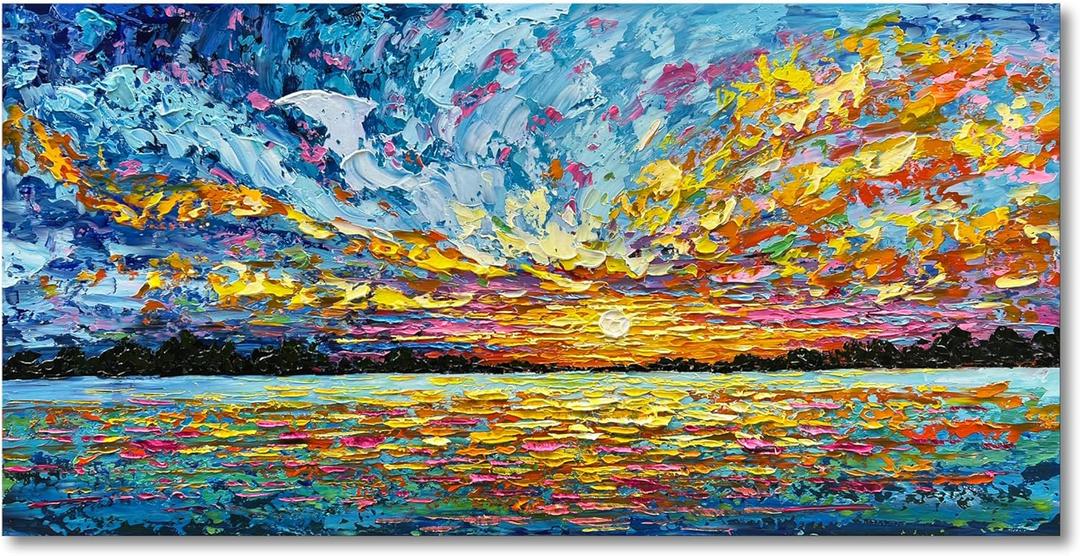 Art 30x60 Inch Hand-Painted Sea Sunrise Landscape Modern Abstract Oil Painting Large Canvas Art Hall Bedroom Office Wall Decoration (Yi048)