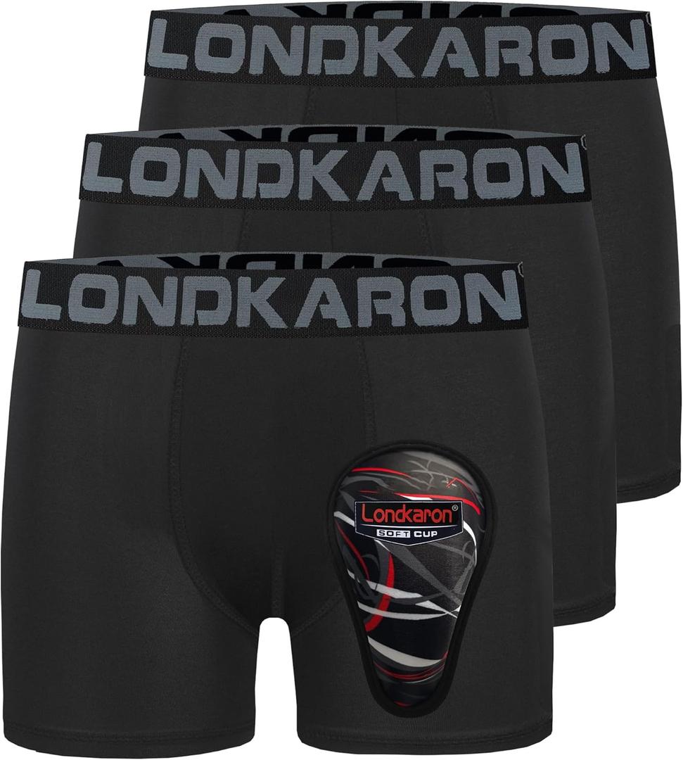 Londkaron 3-Pack Youth Boys Stretch Boxer Briefs w/Soft Protective Cup, Elite Boxer Jock for Baseball & Football (Small, Black)