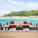 Shintenchi 7 Pieces Patio Furniture Sets Outdoor All-Weather Sectional Patio Sofa Set PE Rattan Manual Weaving Wicker Patio Conversation Set with Glass Table&Ottoman Cushion and Red Pillows, Beige