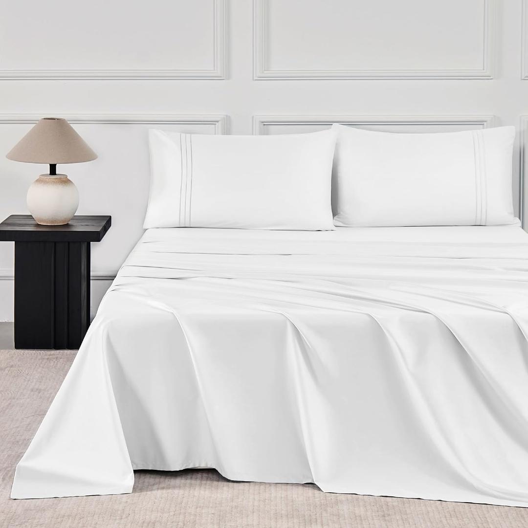 JELLYMONI California King Sheet Sets White - 400 Thread Count 100% Cotton Sheets, 4 Pieces Silkly Sateen Cotton Sheet Set, Wrinkle Free Hotel Luxury Bedding