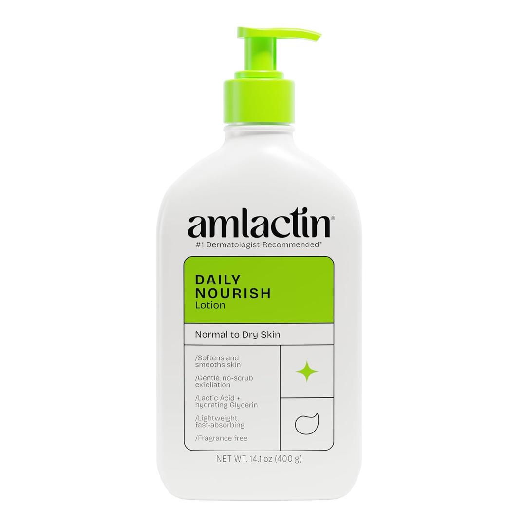 AmLactin Daily Nourish Therapeutic Body Lotion for Dry Skin NoScrub Exfoliator and Moisturizer 12% Lactic Acid Lotion, 14.1 oz