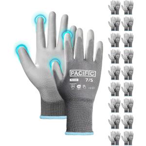 PACIFIC PPE 18 Pairs Work Gloves, PU Coated Seamless Knit Gloves, Touchscreen Safety Gloves with Grip, Ideal for General Duty Work, Men and Women, Grey, Small (Small(Fits like XS))