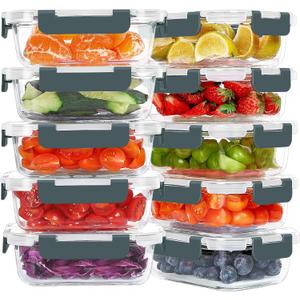 KOMUEE 10 Packs 22 oz Glass Meal Prep Containers, Glass Food Storage Containers with Lids, Airtight Lunch Boxes BPA Free, Microwave and Freezer Safe, 6.7 x 2.1 inches