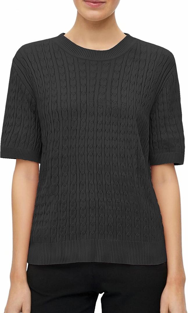 Ckikiou Lightweight Ribbed Knitted Short Sleeve Sweater T-Shirt for Women Spring Summer Casual Crewneck Silky Tee Shirt (Black, M)