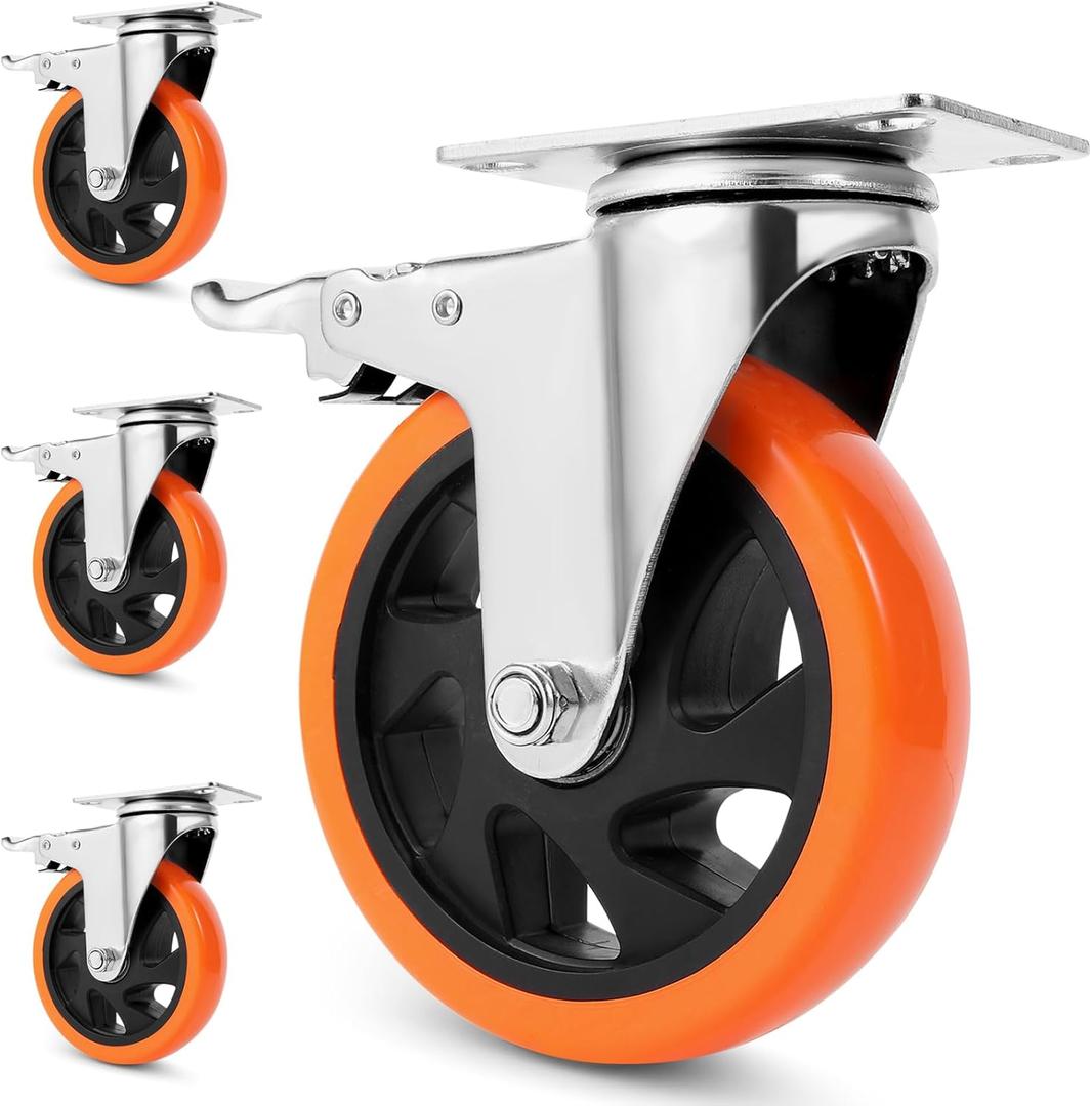 W B D WEIBIDA 5 inch Caster Wheels for Cart, Heavy Duty Locking Swivel Casters of 4 Brake, No Noise Plate Wheels for Furniture, Workbench and Cart