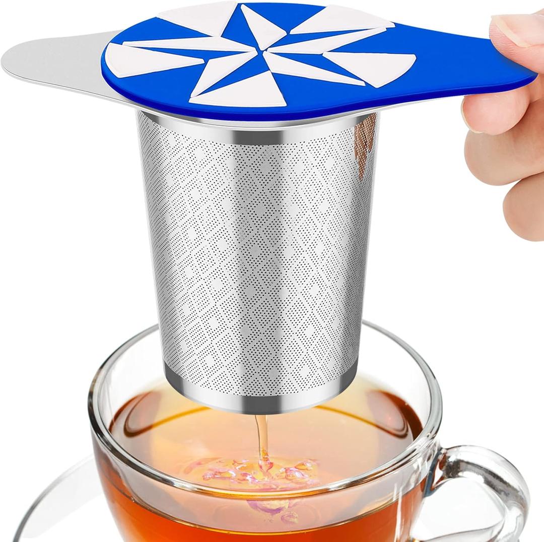 Large Tea Infuser Basket for Loose Tea with Blue Lid, Extra Fine Mesh & Premium 18/8 Stainless Steel Tea Strainer, Perfect for Hanging on Cups, Teapots to Brew All Kind of Tea