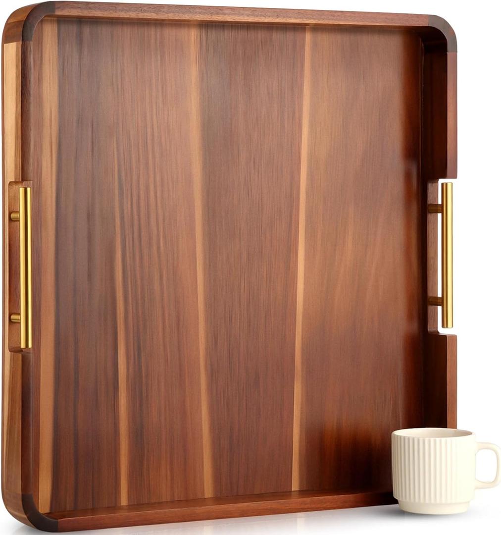 Large Square Ottoman Tray Wood Decorative Tray for Coffee Table Living Room Acacia Serving Trays with Gold Handles, 20" x 20" x 2"