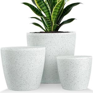 3 Pack Outdoor Planters, 14/11/8 Inch Large Planter for Outdoor Plants, Self Watering Pot with Bottom Wartering Tray, Plastic Flower Pots with Drainage, Decorative Modern Porch Decor, White