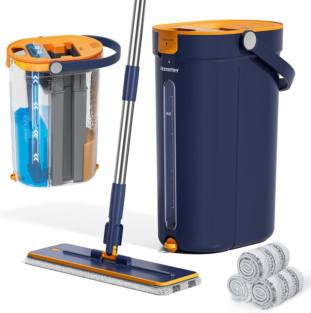 HoMettler Mop and Bucket Set with Wringer, 3-Tank Flat Mop and Bucket System, Wall Mop Cleaner with Long Handle, Hands Free Mops for Floor Cleaning with 4 Microfiber Pads