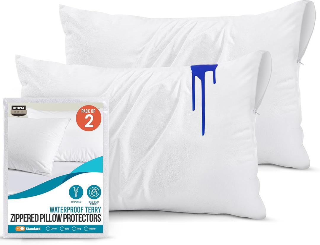 Utopia Bedding Waterproof Pillow Protectors with Zipper Standard Size (2 Pack), Terry Pillow Covers, Bed Bug and Dust Mite Proof (White)