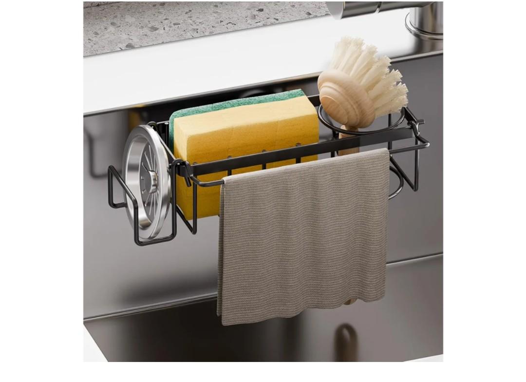TAILI Sponge Holder with Strong Suction Cup, 4-in-1 Rustproof Sink Organizer - Sink Caddy Holds Sponges, Brushes, Stoppers & Scrapers -Black