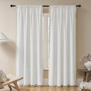 Joydeco White Boho Curtains 84 Inch Length 2 Panels, Super Soft Bohemian Farmhouse Curtains with Tassels, Semi Sheer Light Filtering Drapes for Bedroom Living Room (Rod Pocket, 52Wx84L)