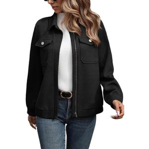 SHEWIN Jackets for Women Fall Fashion 2025 Casual Zip Up Shacket Jacket Lightweight Long Sleeve Shirts Tops (Black, XXL)