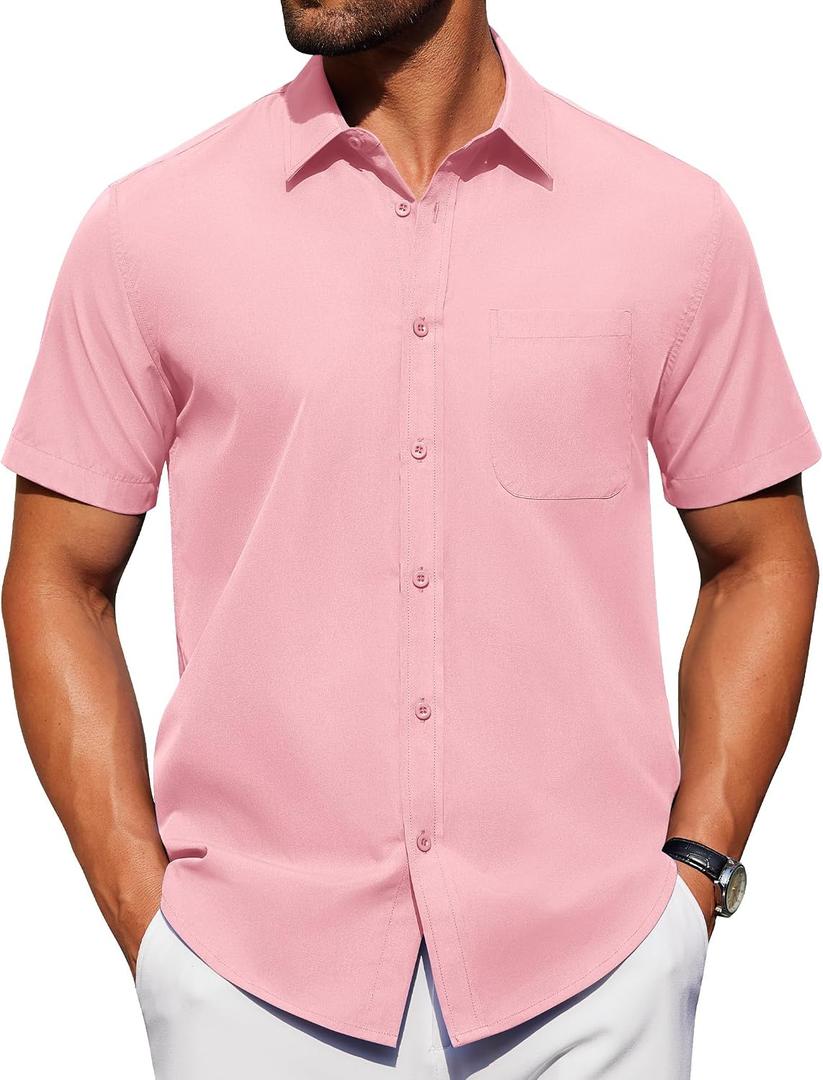 Alimens & Gentle Men's Short Sleeve Dress Shirts Wrinkle Free Untucked Casual Button Down Shirt, Pink, 3XL