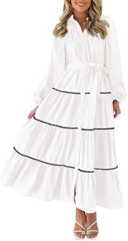 PRETTYGARDEN Womens Casual Dresses Loose Belted Long Lantern Sleeve Tiered Button Down Maxi Shirt Dress with Pockets, M