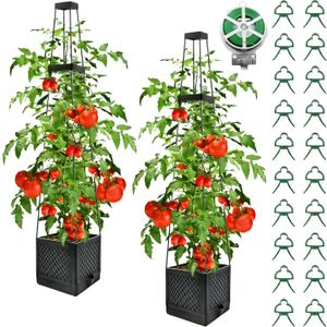 2Pcs Raised Garden Bed Tomato Planter Box with Trellis, 57 Inch Self-Watering Large Tomato Cage for Patio Garden Pots, Climbing Plants Cucumber Vine Vegetables Flowers Outdoor & Indoor