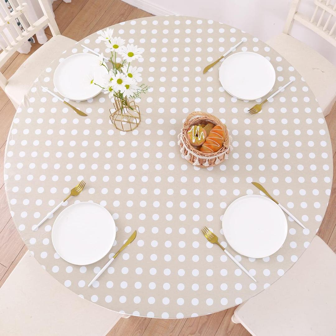 Round Vinyl Fitted Tablecloth with Flannel Backing Elastic Edge Design Table Cover Waterproof Oil-Proof PVC Table Cloth Stain-Resistant Wipeable for Round Table (Large Round Fits Table up 57"-65" Diameter, White Dots)