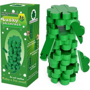 Wooden Blocks Stacking Game, St. Patrick's Day Lucky Shamrock Blocks Stacking Game Green Shamrock Wood Blocks Tumbling Stacking Tower Game for Family Gathering Party(Irish Style)