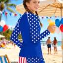 Girls Rash Guard Swimsuit 2Pcs Quarter-Zip Long Sleeve Sun Protection Bathing Suit + Swim Shorts for Girl 9-16Y (Blue)