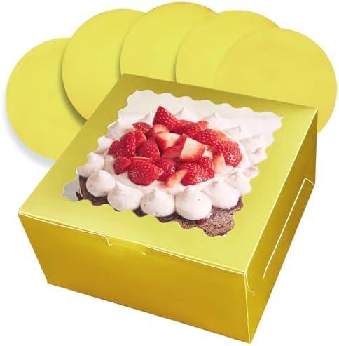 Bakepacker Matte Gold 18-Packs Cake Boxes with Windows, 10x10x5 inch 18pcs Cake Container, 10 Inch 18pcs Cake Carrier Boxes with Matte Gold Cake Boards Included