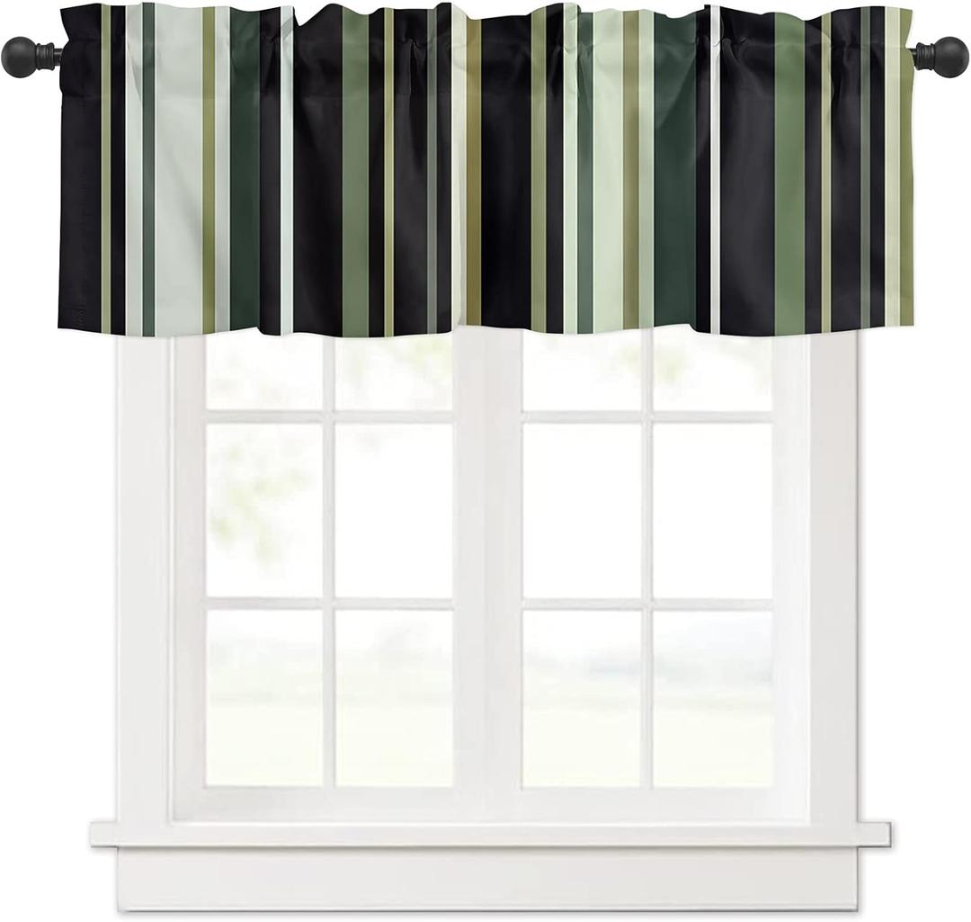 Valance Curtains Green Black Geometric Stripes for Living Room Bathroom Bedroom, Light Filtering Short Kitchen Window Decor Rod Pocket 54"x18"