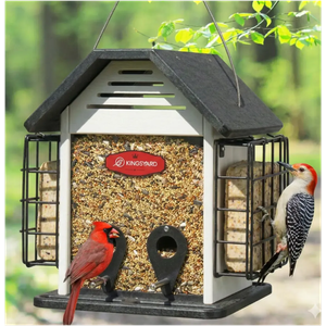 Kingsyard Bird Feeder for Outdoor Hanging, WPC Composite 3 in 1 Mixed Seeds Suet Feeder, Double Suet Cages Mesh Sunflower Bird Feeder, 3 LBS Large Capacity for Finch Cardinal Chickadee, White