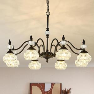 30'' Victorian Chandelier Black Antique Pendant Light for Living Room | 8-Light, Adjustable Height, Farmhouse Dining Room Light Fixtures with Lampshades, Crystal Chandelier for Hallway
