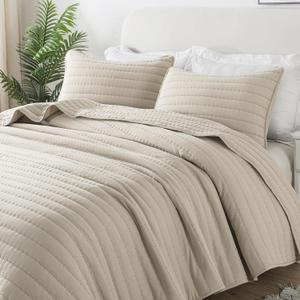 ROARINGWILD Neutral Beige Queen Size Quilt Bedding Sets with 2 Pillow Shams, Full Lightweight Soft Bedspread Coverlet, Quilted Blanket Thin Comforter Bed Cover for All Season, 3 Pieces, 90x90 inches (Wheat)