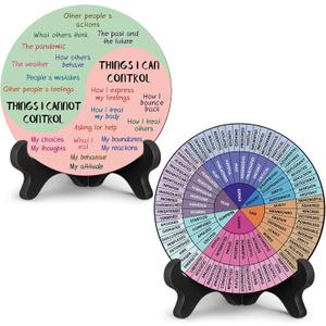2 Pcs Feelings Wheel Therapy Office Desk Decor Things I Can Control Double Sided Mental Health Emotions Chart with Stand Therapist Gifts Psychology Decor for Home Office Counselor Women Man(Bright)