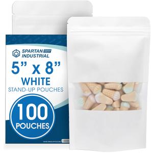 Spartan Industrial - 5" X 8" White Zip Top Food Bags - Pack of 100 Resealable Smell-Proof Pouches for Packaging Coffee, Tea, Spices, Snacks, and More