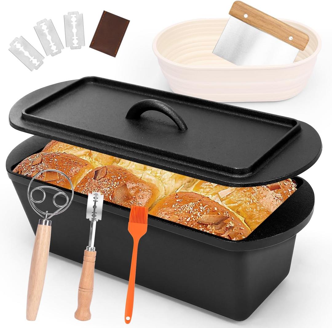 QuliMetal 145.5 Bread Loaf Pan, Oval Cast Iron Bread Pan With Lid,Sourdough Artisan Bread Baking Pan, Pre-Seasoned, 3.2QT, With Sourdough Starter Kit, Sourdough Artisan Bread Baking Pan