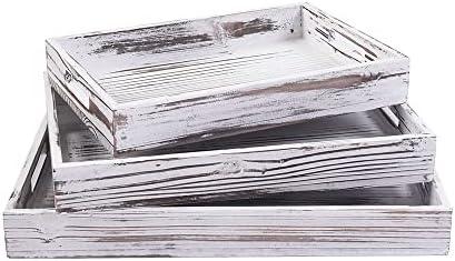Serving Trays, Rustic Wooden Tray, Retro Tray Set Nesting Serving Tray Set Trays with Handles, Ottoman Trays Decorative Platter for Food Drink Eating Coffee, Set of 3, White