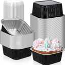 Skylety 100 Pcs 5 oz Mini Square Baking Pan with Lid Aluminum Foil Cupcake Pan Brownie Baking Cup Disposable Ramekins Individual Tin Dessert Containers for Kitchen (Black)