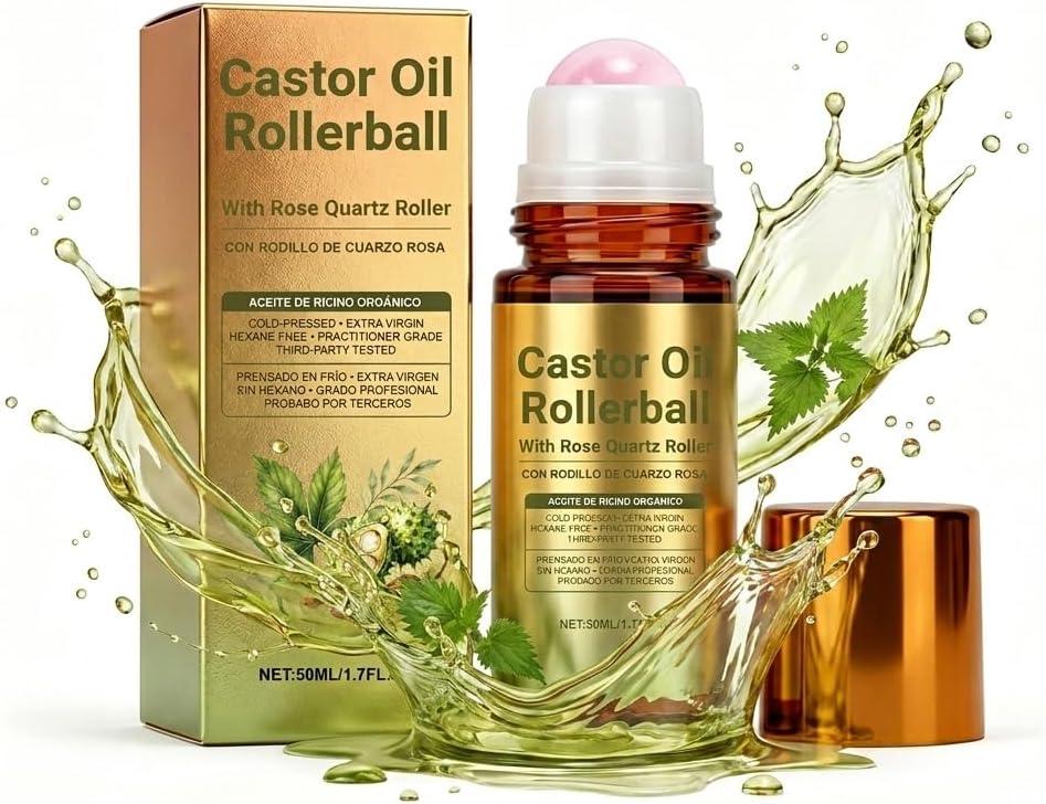 50ml Natural Organic Castor Oil Roll On Bottle, Polished Rose Quartz Massage Roller Ball, Portable Skin Nourishing Tool for Facial and Body Daily Care