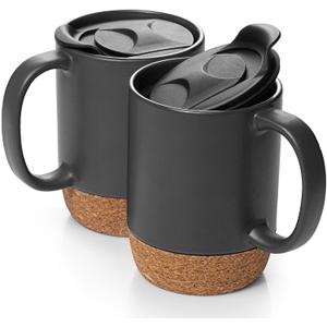 DOWAN Coffee Mugs, 15 oz Mug Set of 2, Large Ceramic Coffee Mug with Cork Bottom and Spill Proof Lid for Mom Dad, Big Mug for Latte Tea, Matte Grey