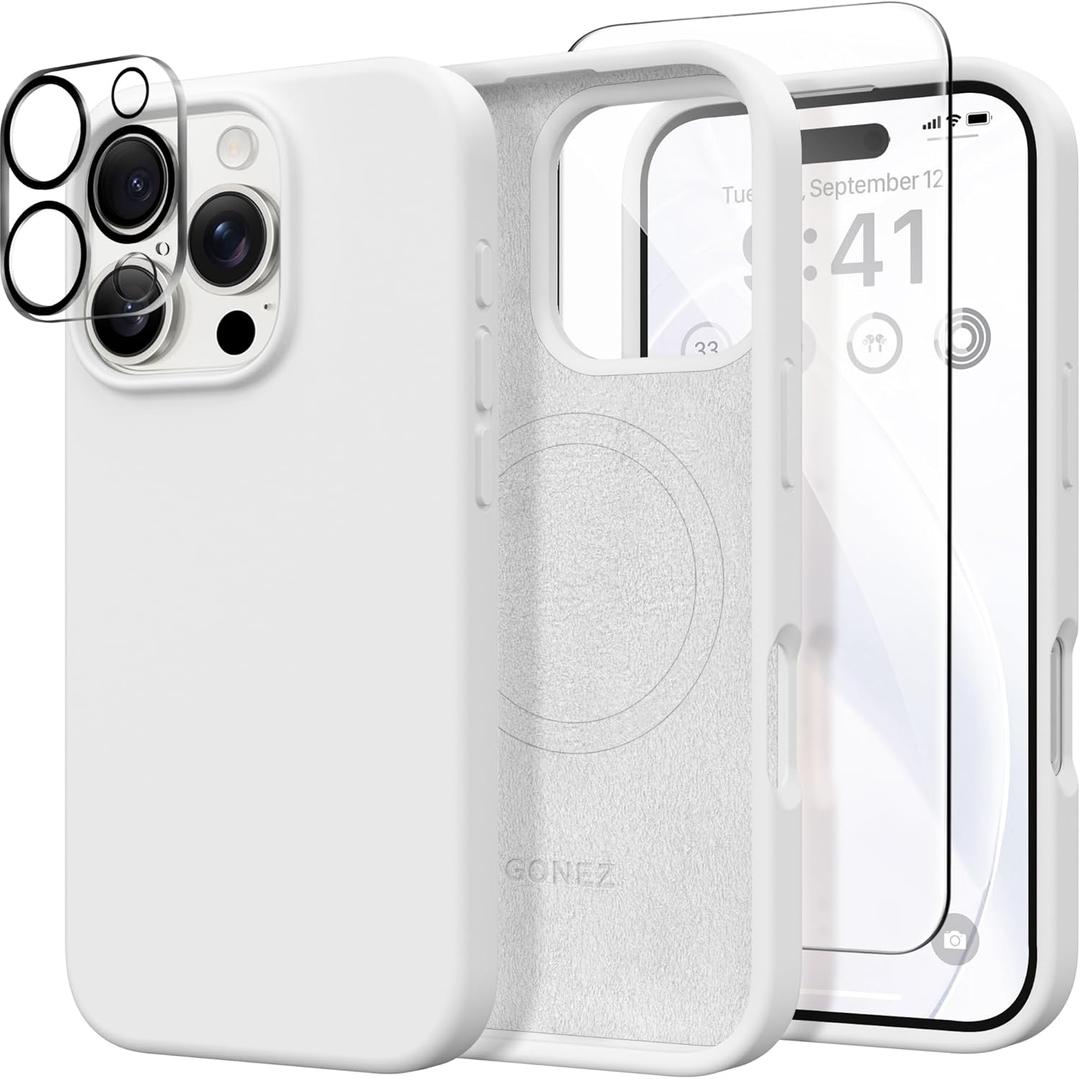 GONEZ Magnetic for iPhone 16 Pro Case, [Compatible with MagSafe] Anti-Scratch Microfiber Lining & Screen Protector, Silicone Camera Control, Shockproof Slim Phone Cover 6.3 inch, White
