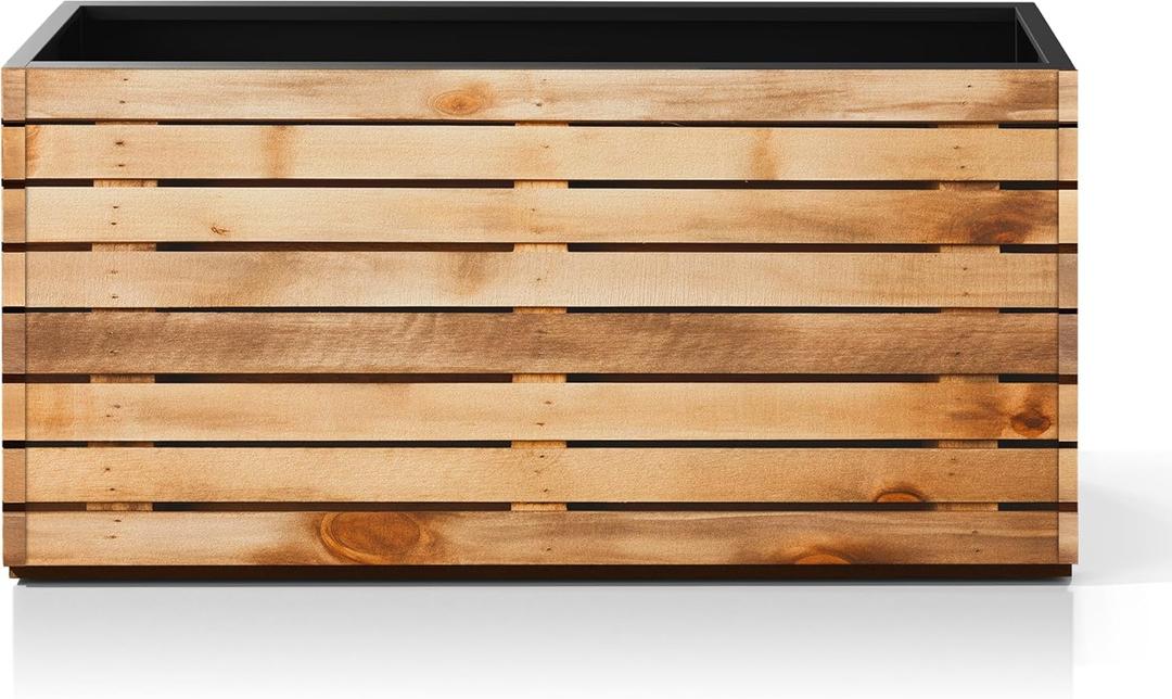 Metal Large Rectangular Planter Box, Rectangle Outdoor Planter for Patio, Porch, Modern Long Planter Boxes for Outdoor Plants, with Drainage Holes (32" L x 15" W x 16" H, Walnut Wood Grain)