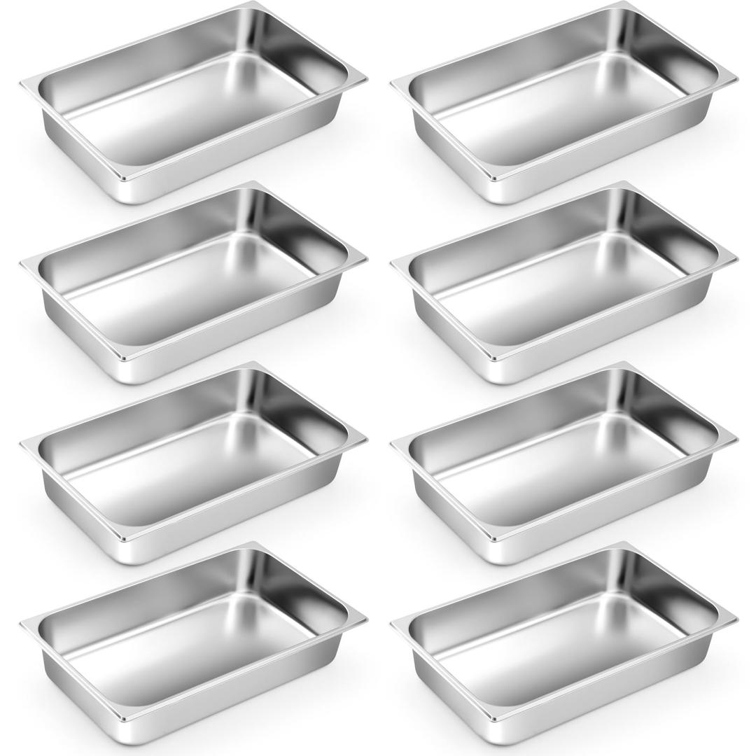 Zubebe 8 Pcs Hotel Pans Stainless Steel Steam Table Pan 1/1 Full Size 4 Inch Restaurant Steam Table Pan Deep Metal Food Tray Commercial Food Pans for Restaurant Party Buffet Catering