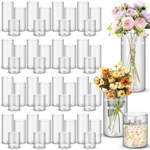 Nuogo 48 Pcs Plastic Cylinder Vases Tall Plastic Flower Vases for Centerpieces Hurricane Candle Holder for Home Wedding Office Party Formal Dinners Decorations (4''/6''/8'')