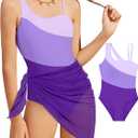Girl's One Piece Swimsuits Color Block Cutout One Shoulder Bathing Suit with Mesh Cover Up 1 Piece Swimsuit Swimwear (7-8 Years, Purple)