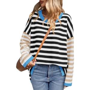 Saodimallsu Womens Striped Oversized Sweaters Color Block Crew Neck Long Sleeve Loose Knit Pullover Sweater, M