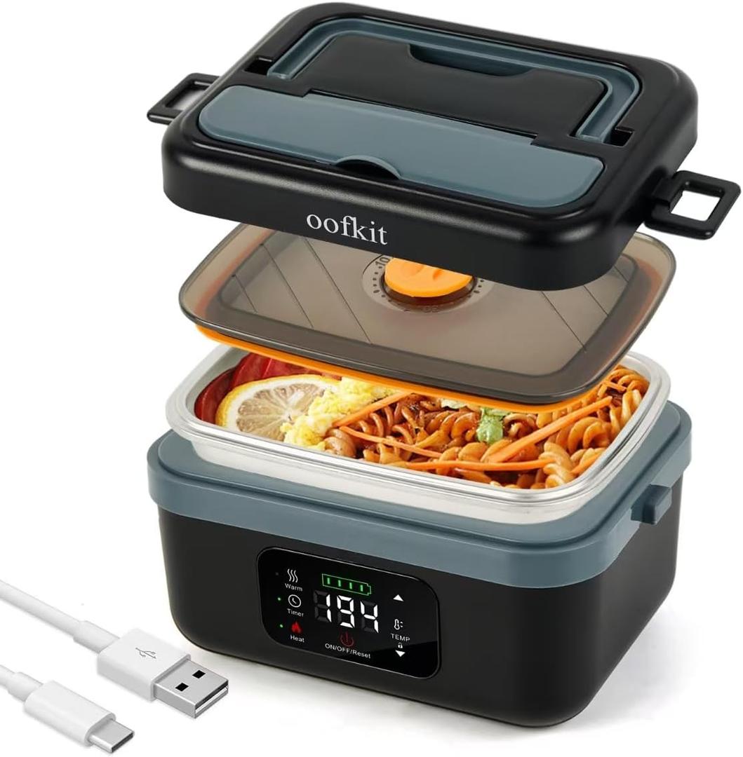 Electric Lunch Box For Adults(Men & Women),Heated Lunch Box Battery Powered With USB Charge port,Self Heating Coreless,Portable Food Warmer For meals on the go(1L Black) (Black,Dark Bule)