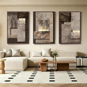 Azartslr Large 3D Abstract Solid Wood Framed Wall Art, Luxury 3 Pieces Brown Sandstone Wall Decor for Living Room, Modern Beige and Gray Home Bedroom Art Painting, Geometric Slate Texture Artwork Dining Room Pictures Decoration