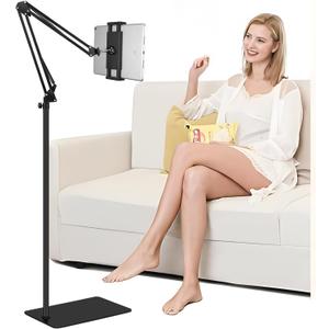 Tablet Floor Stand with Heavy Duty Base, Overhead Bed phone Stand Angle Height Adjustable Arm Stretchable Stand Holder, Compatible with iPad Mini Air Pro, Galaxy Tab, Kindle, E-Readers,Cell Phones