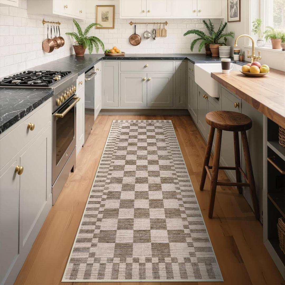 GarveeHome 26 Kitchen Runner Rug Non Slip Brown Checkered Rug,Washable Runner Rug for Hallway Soft Low-Pile Geometric Tan Brown Print Checkerboard Rugs for Entryway Kitchen Dining Room