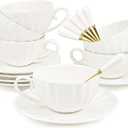Yesland Set of 6 Royal Tea Cups and Saucers, 6 oz White Porcelain Tea Set & British Coffee Cups, White Latte Cups and Espresso Mug for Specialty Coffee Drinks, Latte, Cafe Mocha, Tea