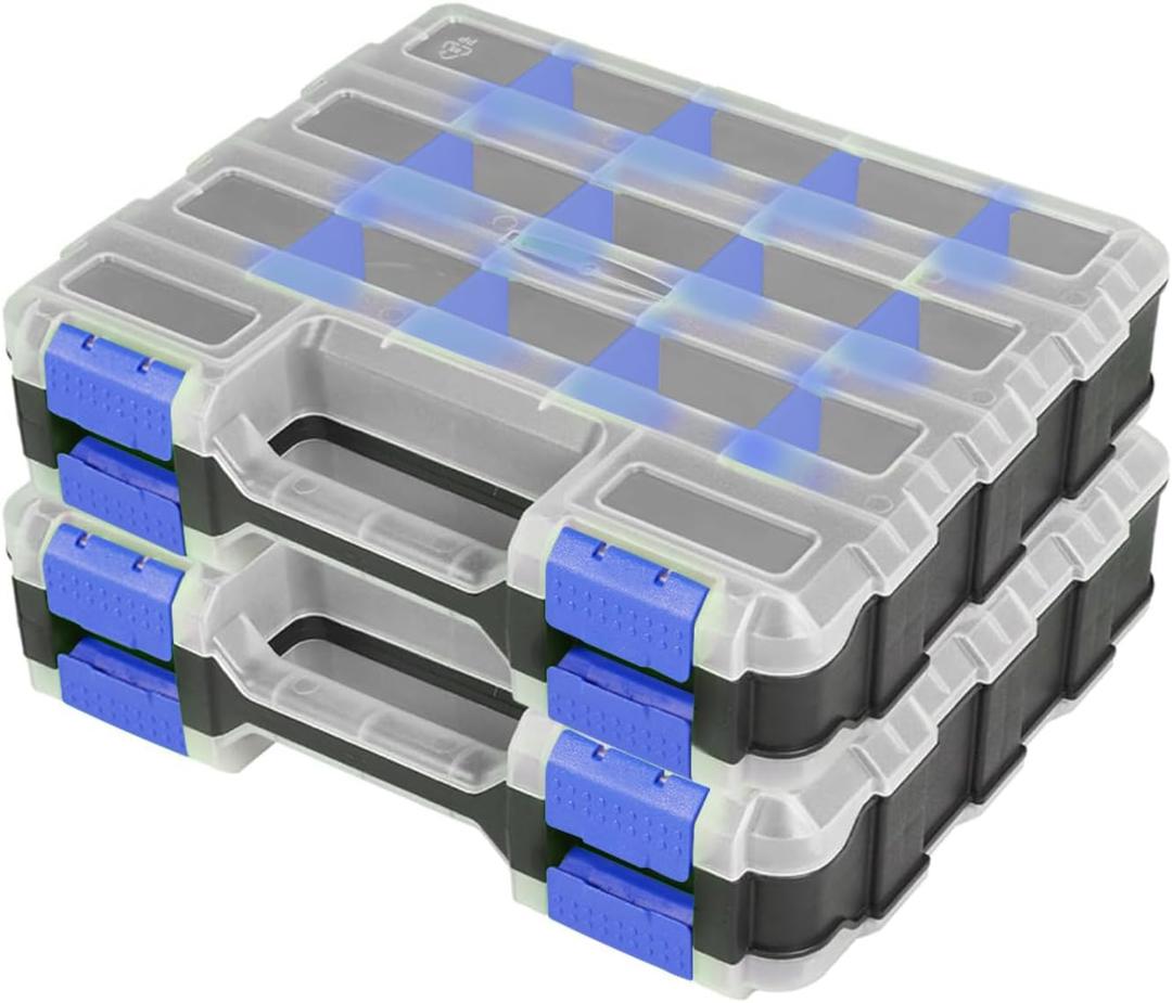 Small Parts Organizer Box Storage Case Tools Box Organizer Double Side 34 Compartments Hardware Organizers with Removable Plastic Dividers for Screws Nuts Nails Bolts, 2 Pack (Blue)