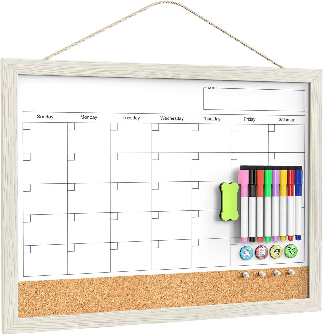 Calendar Whiteboard for Wall, 18x24 Inches Whiteboard Calendar Cork Board Combo, Magnetic Monthly White Board with Wood Framed, Hanging Dry Erase Board for Kitchen Home Office School Planner