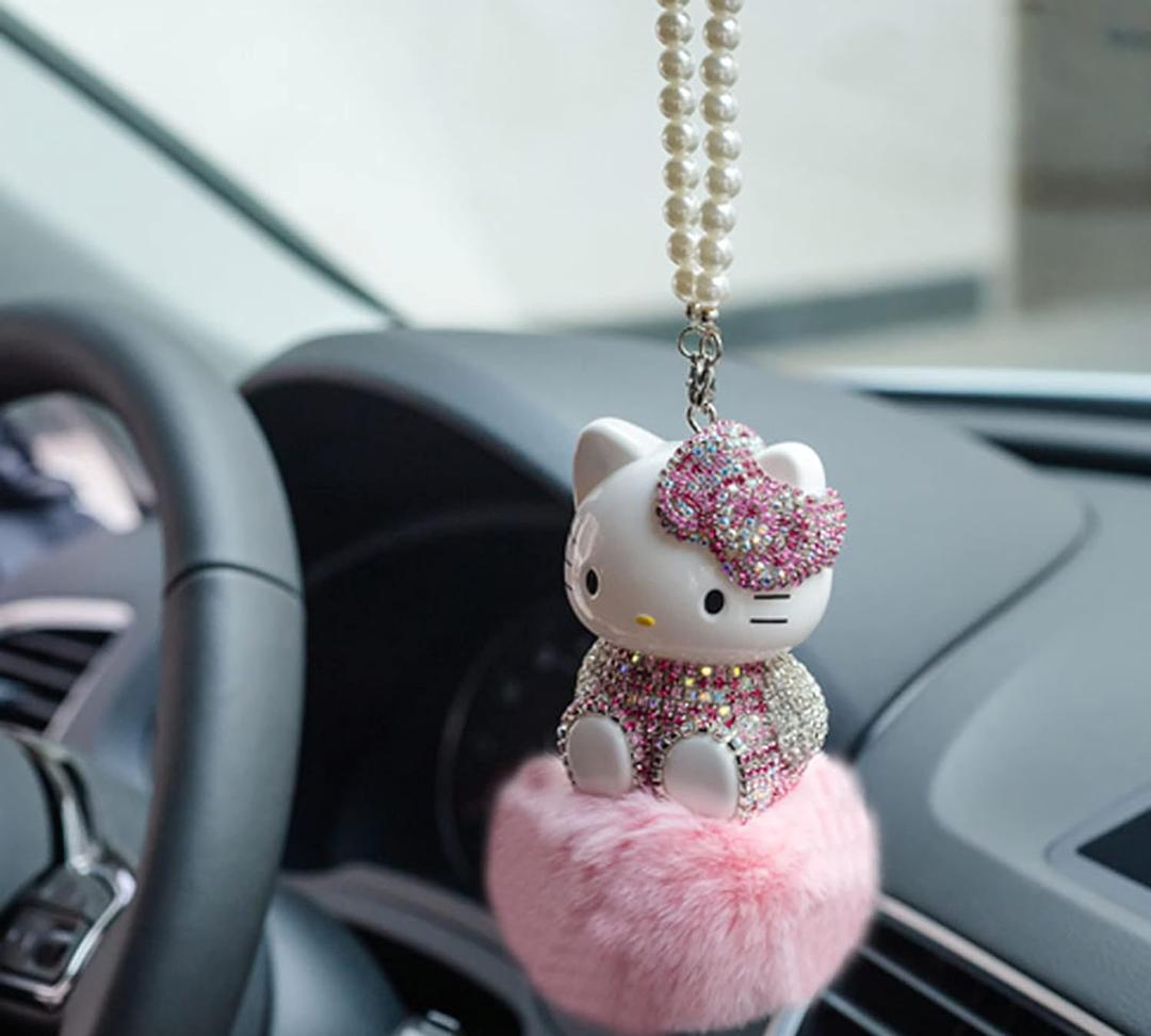 Cute Mirror Charms and Plush Ball Car Accessories for Women - Crystal and Diamond Cat Rear View Mirror Hanging Ornaments and Decor (Pink-1)