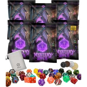 DND Mystery Dice Bundle  6 Blind Bags w/ 7 Polyhedral RPG Dice, 4 Metal Coins, Enamel Pin & Velvet Bag Each  1 in 10 to Get Premium Set  Gift for TTRPG Players, DMS & Dice Goblins (6 Packs Set)